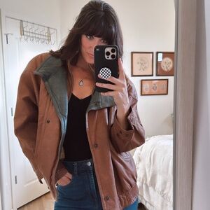 Wilson Brown Leather Bomber Jacket with Green Collar